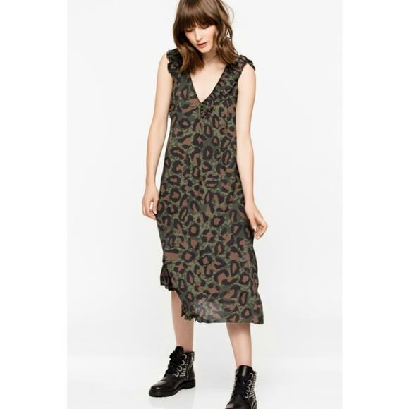 Zadig & Voltaire Rebelle Green Camo Ruffle Trim Midi Dress S - Picture 1 of 9